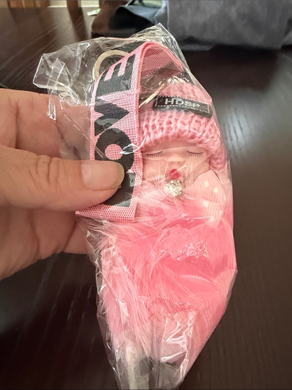 Pink Plush Faux Fur Doll Keychain with Knit Hat